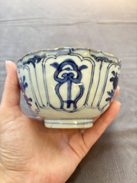 Five Chinese blue and white 'kraak' and 'kraak'-style plates, a saucer and a bowl, Ming/Qing