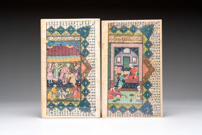 Three Persian miniatures with narrative design and calligraphy, Qajar, Iran, 18th C.