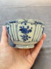 Five Chinese blue and white 'kraak' and 'kraak'-style plates, a saucer and a bowl, Ming/Qing