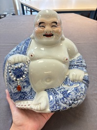 A Chinese blue, white and iron-red Milefo Buddha, Zhu Mao Ji 朱茂記造 mark, 20th C.