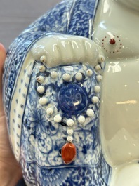 A Chinese blue, white and iron-red Milefo Buddha, Zhu Mao Ji 朱茂記造 mark, 20th C.