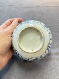 Five Chinese blue and white 'kraak' and 'kraak'-style plates, a saucer and a bowl, Ming/Qing