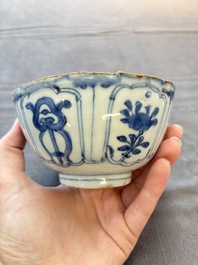 Five Chinese blue and white 'kraak' and 'kraak'-style plates, a saucer and a bowl, Ming/Qing