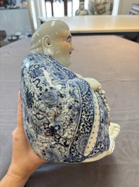A Chinese blue, white and iron-red Milefo Buddha, Zhu Mao Ji 朱茂記造 mark, 20th C.