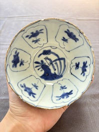 Five Chinese blue and white 'kraak' and 'kraak'-style plates, a saucer and a bowl, Ming/Qing