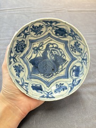 Five Chinese blue and white 'kraak' and 'kraak'-style plates, a saucer and a bowl, Ming/Qing