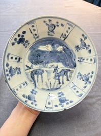 Five Chinese blue and white 'kraak' and 'kraak'-style plates, a saucer and a bowl, Ming/Qing