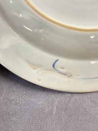 Five Chinese blue and white 'kraak' and 'kraak'-style plates, a saucer and a bowl, Ming/Qing