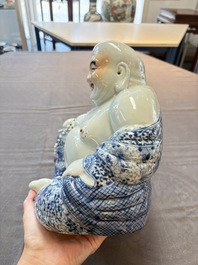 A Chinese blue, white and iron-red Milefo Buddha, Zhu Mao Ji 朱茂記造 mark, 20th C.