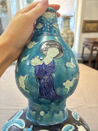 A large Chinese Fahua 'Ba Xian Zhu Shou 八仙祝壽' double gourd vase, 19th C.