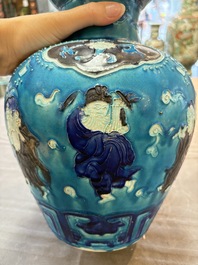 A large Chinese Fahua 'Ba Xian Zhu Shou 八仙祝壽' double gourd vase, 19th C.