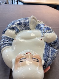 A Chinese blue, white and iron-red Milefo Buddha, Zhu Mao Ji 朱茂記造 mark, 20th C.