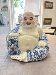 A Chinese blue, white and iron-red Milefo Buddha, Zhu Mao Ji 朱茂記造 mark, 20th C.