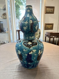 A large Chinese Fahua 'Ba Xian Zhu Shou 八仙祝壽' double gourd vase, 19th C.