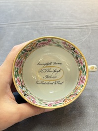 A rare Chinese Canton famille rose inscribed cup and saucer, Daoguang mark and of the period