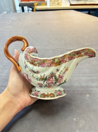 A pair of Chinese famille rose sauceboats and stands with floral design, Qianlong