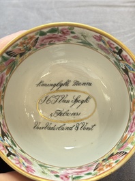A rare Chinese Canton famille rose inscribed cup and saucer, Daoguang mark and of the period
