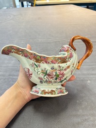 A pair of Chinese famille rose sauceboats and stands with floral design, Qianlong