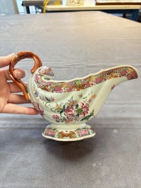 A pair of Chinese famille rose sauceboats and stands with floral design, Qianlong