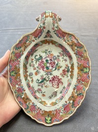 A pair of Chinese famille rose sauceboats and stands with floral design, Qianlong