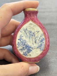 Three Chinese snuff bottles and a miniature vase, Kangxi and Qianlong marks, Kangxi and later