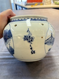 A Chinese blue and white 'Lian Sheng San Ji 連升三級&lsquo; and 'Xie Qin Fang You 攜琴訪友' bowl, Transitional style