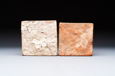 Two medieval slip-decorated tiles with the coat of arms of Burgundy and France, Flanders and France, 14/15th C.