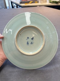 Two Chinese blue and white celadon-ground 'Wu Fu Peng Shou 五福捧壽' plates, Chenghua mark, 19th C.