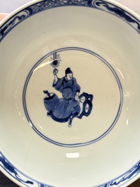 Two Chinese blue and white 'Xi Xiang Ji' and 'Eight Immortals' bowls, Ruo Shen Zhen Cang 若深珍藏 mark, Yongzheng and later