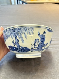 Two Chinese blue and white 'Xi Xiang Ji' and 'Eight Immortals' bowls, Ruo Shen Zhen Cang 若深珍藏 mark, Yongzheng and later