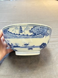 Two Chinese blue and white 'Xi Xiang Ji' and 'Eight Immortals' bowls, Ruo Shen Zhen Cang 若深珍藏 mark, Yongzheng and later