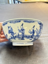 Two Chinese blue and white 'Xi Xiang Ji' and 'Eight Immortals' bowls, Ruo Shen Zhen Cang 若深珍藏 mark, Yongzheng and later