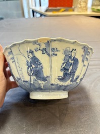 Two Chinese blue and white 'Xi Xiang Ji' and 'Eight Immortals' bowls, Ruo Shen Zhen Cang 若深珍藏 mark, Yongzheng and later