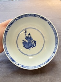 Two Chinese blue and white 'Xi Xiang Ji' and 'Eight Immortals' bowls, Ruo Shen Zhen Cang 若深珍藏 mark, Yongzheng and later