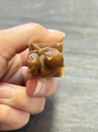 Six various Chinese agate, soapstone and serpentine wares, 19/20th C.