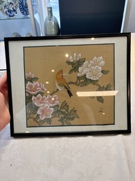 Seven Chinese school paintings: 'Flowers with birds and butterflies', ink and colour on silk, various signatures, 20th C.