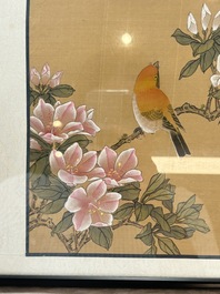 Seven Chinese school paintings: 'Flowers with birds and butterflies', ink and colour on silk, various signatures, 20th C.