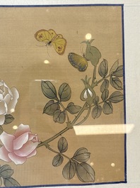 Seven Chinese school paintings: 'Flowers with birds and butterflies', ink and colour on silk, various signatures, 20th C.