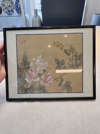 Seven Chinese school paintings: 'Flowers with birds and butterflies', ink and colour on silk, various signatures, 20th C.