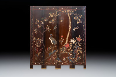 A Chinese coromandel lacquer four-panel folding screen with narrative and birds design, 20th C.