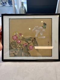 Seven Chinese school paintings: 'Flowers with birds and butterflies', ink and colour on silk, various signatures, 20th C.