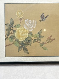 Seven Chinese school paintings: 'Flowers with birds and butterflies', ink and colour on silk, various signatures, 20th C.
