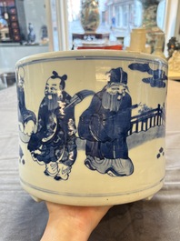 A large Chinese blue and white 'Ba Xian Zhu Shou 八仙祝壽&lsquo; tripod censer, 19th C.