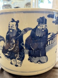 A large Chinese blue and white 'Ba Xian Zhu Shou 八仙祝壽&lsquo; tripod censer, 19th C.