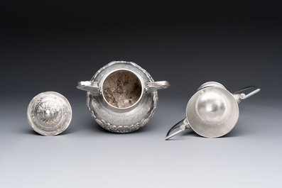 A Chinese or Vietnamese silver covered tripod censer and a Chinese silver trophy-form &lsquo;Lin Zhi Cheng Xiang 麟趾呈祥&rsquo; goblet, 19/20th C.