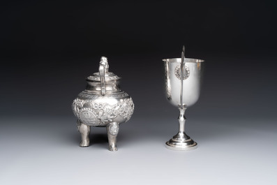 A Chinese or Vietnamese silver covered tripod censer and a Chinese silver trophy-form &lsquo;Lin Zhi Cheng Xiang 麟趾呈祥&rsquo; goblet, 19/20th C.