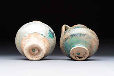 Two Raqqa turquoise-glazed pottery jars with black design, Syria, 12/13th C.