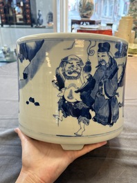 A large Chinese blue and white 'Ba Xian Zhu Shou 八仙祝壽&lsquo; tripod censer, 19th C.