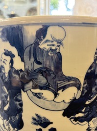 A large Chinese blue and white 'Ba Xian Zhu Shou 八仙祝壽&lsquo; tripod censer, 19th C.