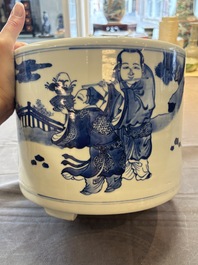 A large Chinese blue and white 'Ba Xian Zhu Shou 八仙祝壽&lsquo; tripod censer, 19th C.